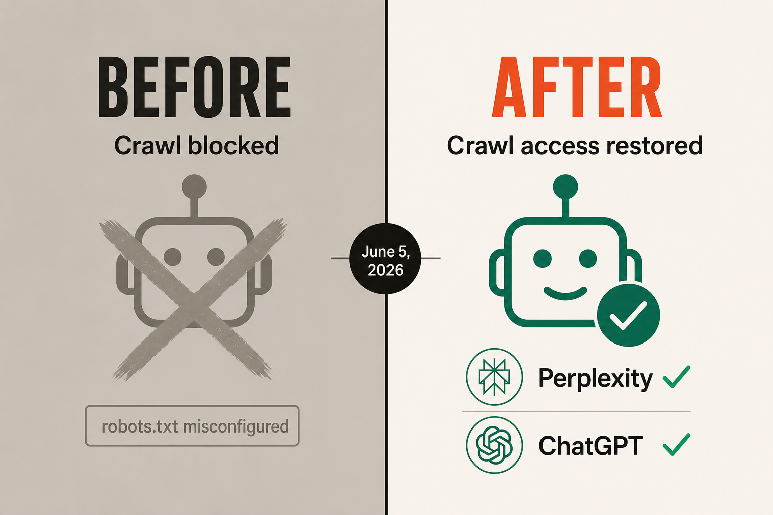 Before-and-after: AI bots blocked by misconfigured robots.txt vs. crawl access restored after June 5 fix — ideapreneur.io